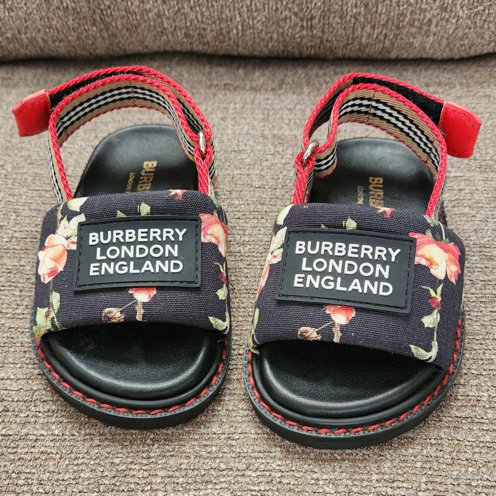 Burberry Black Floral Baby Walker Sandals with Red Accents
